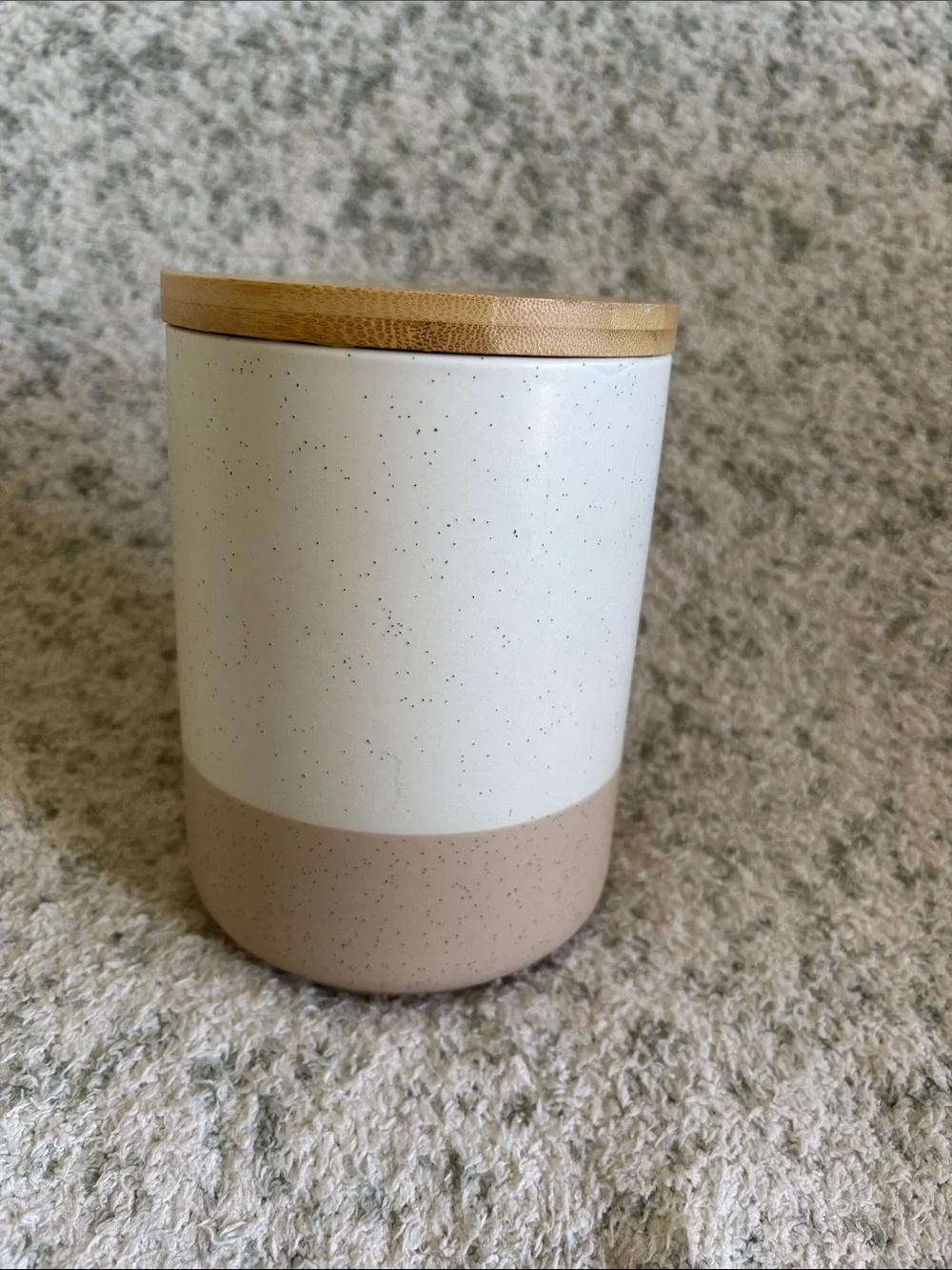 Vancasso Stoneware Speckled Ceramic Canister with Bamboo Lid NWT 6.5x4.5”